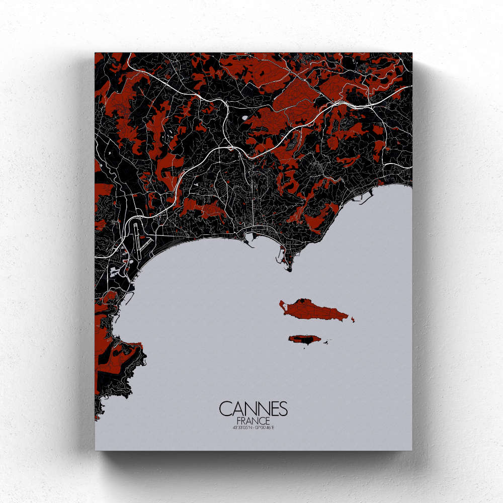 Mapospheres Cannes Red dark full page design canvas city map