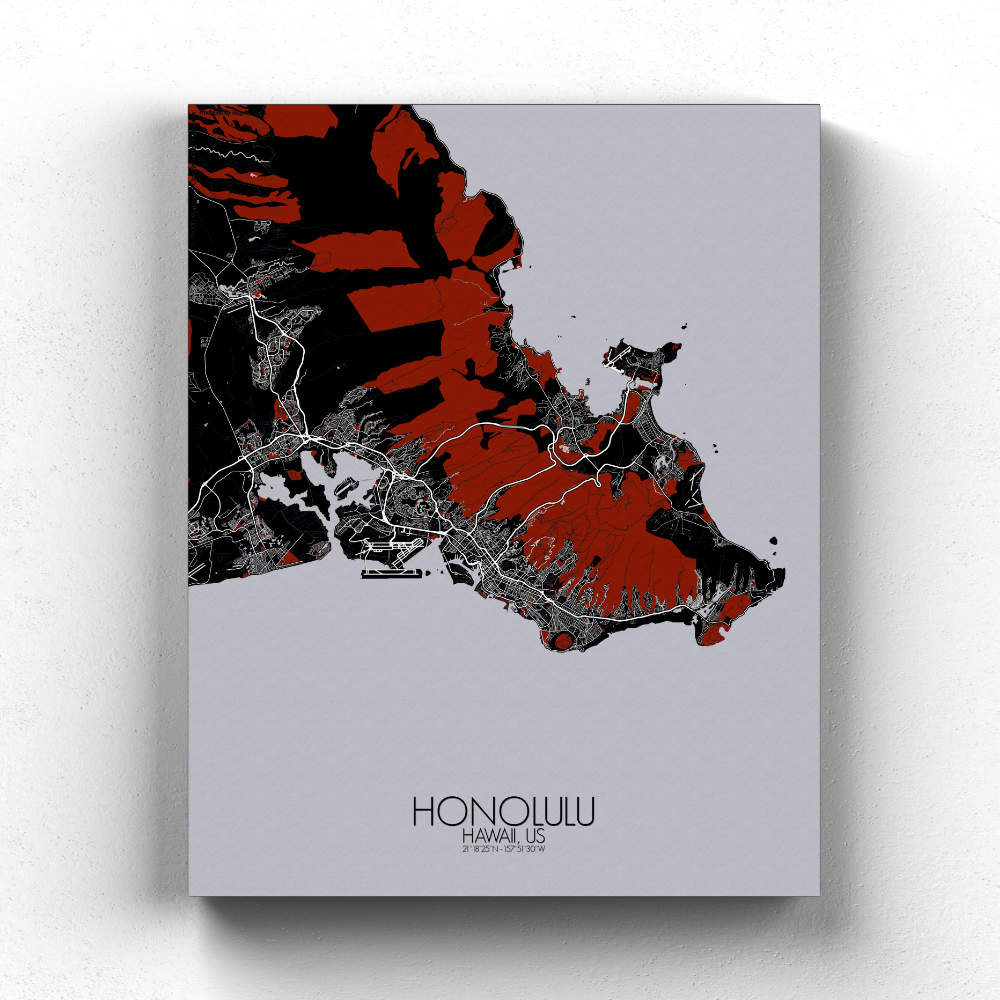 Mapospheres Honolulu Red dark full page design canvas city map