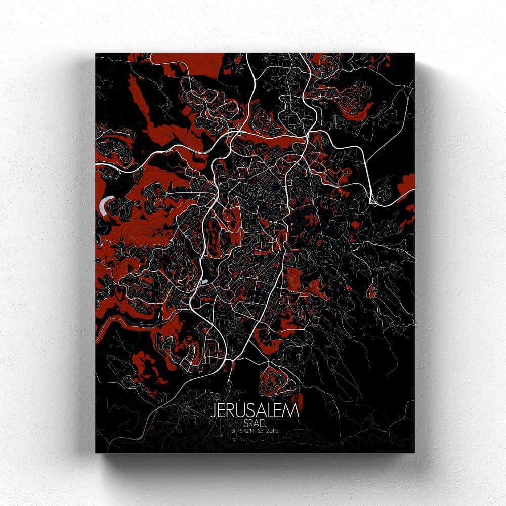 Mapospheres Jerusalem Red dark full page design canvas city map