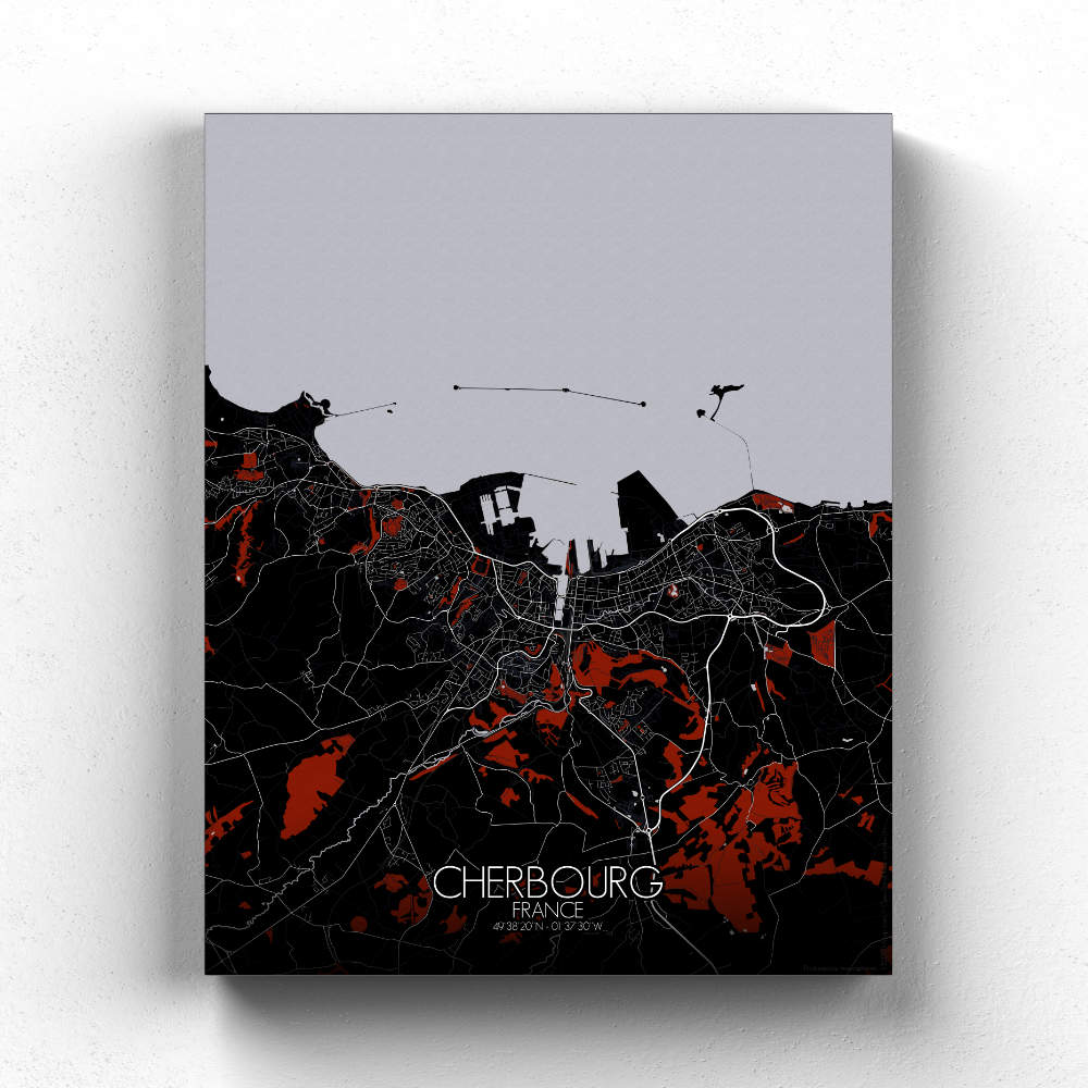 Mapospheres Cherbourg Red dark full page design canvas city map