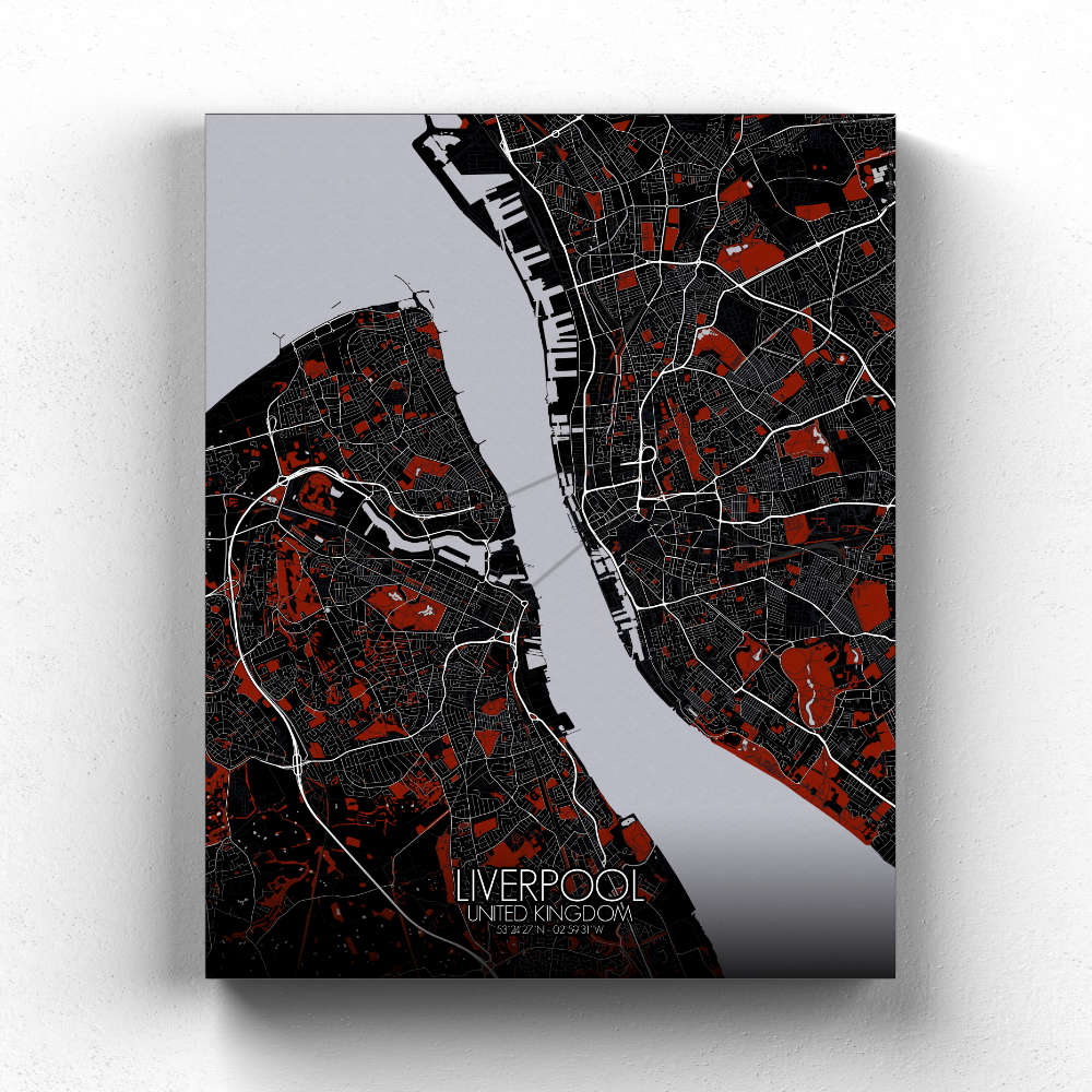 Mapospheres Liverpool Red dark full page design canvas city map
