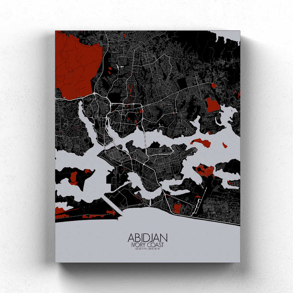 Mapospheres Abidjan Red dark full page design canvas city map