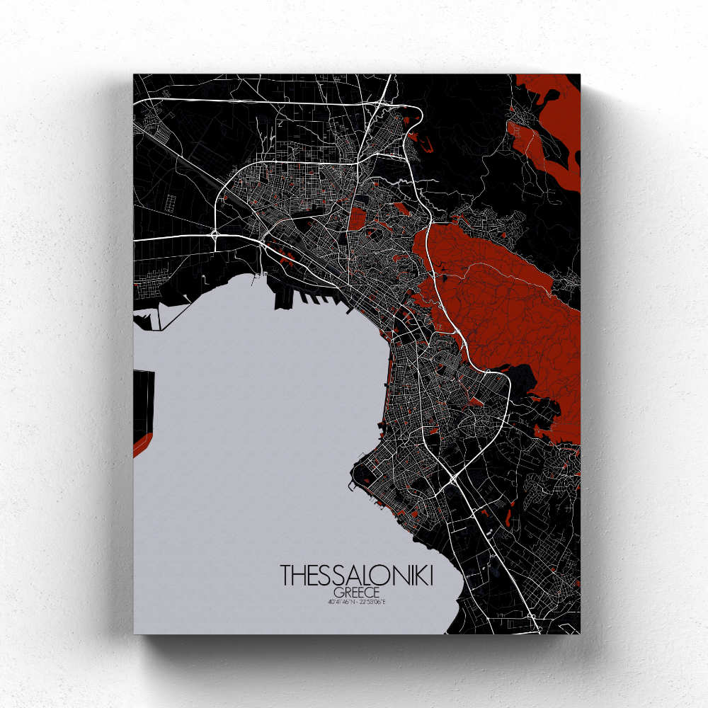 Mapospheres Thessaloniki Red dark full page design canvas city map
