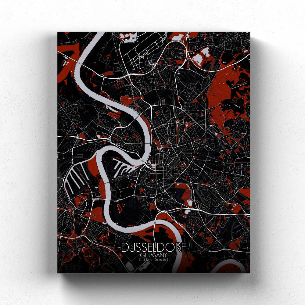 Mapospheres Dusseldorf Red dark full page design canvas city map