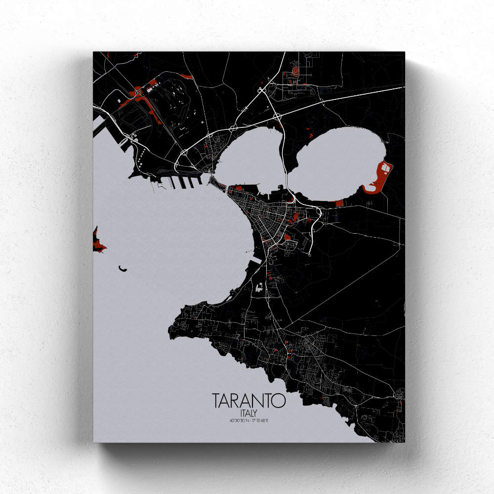 Mapospheres Taranto Red dark full page design canvas city map