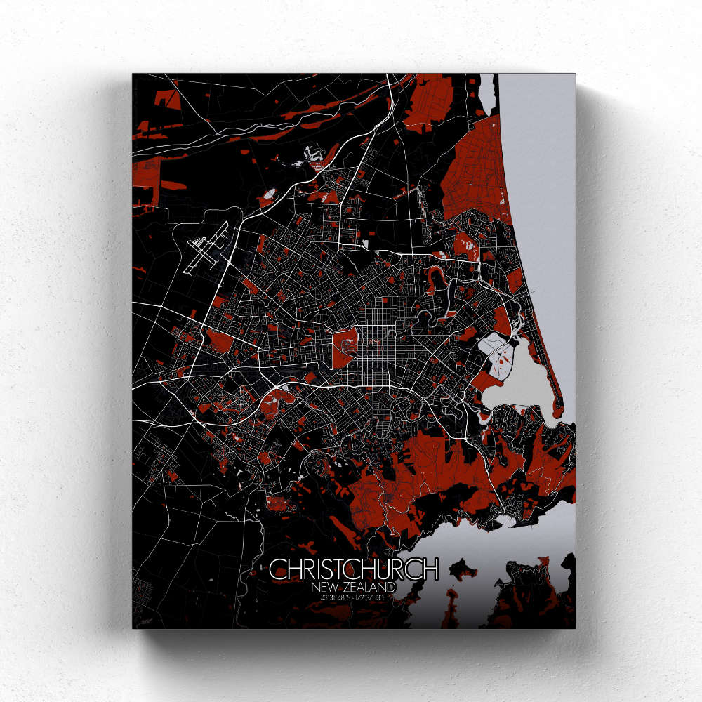 Mapospheres Christchurch Red dark full page design canvas city map