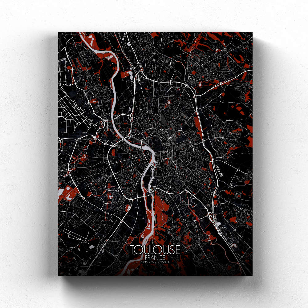 Mapospheres Toulouse Red dark full page design canvas city map