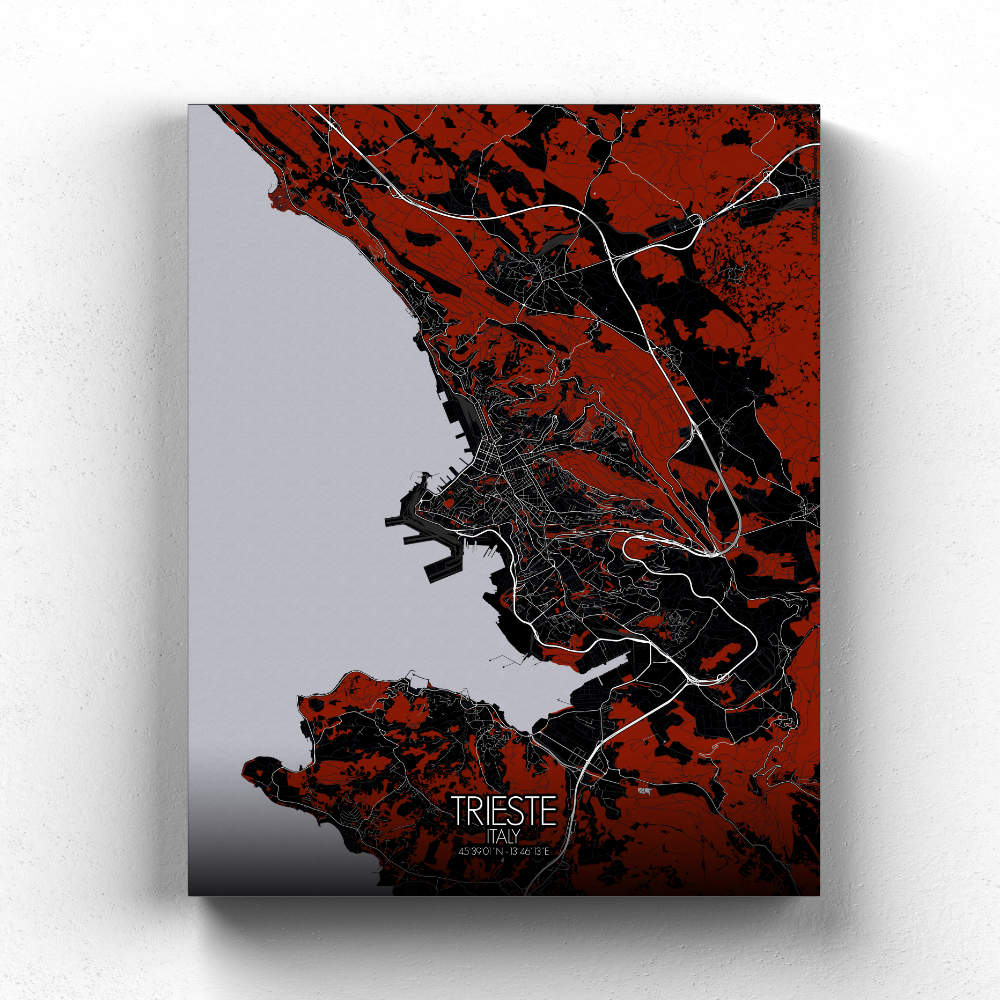 Mapospheres Trieste Red dark full page design canvas city map