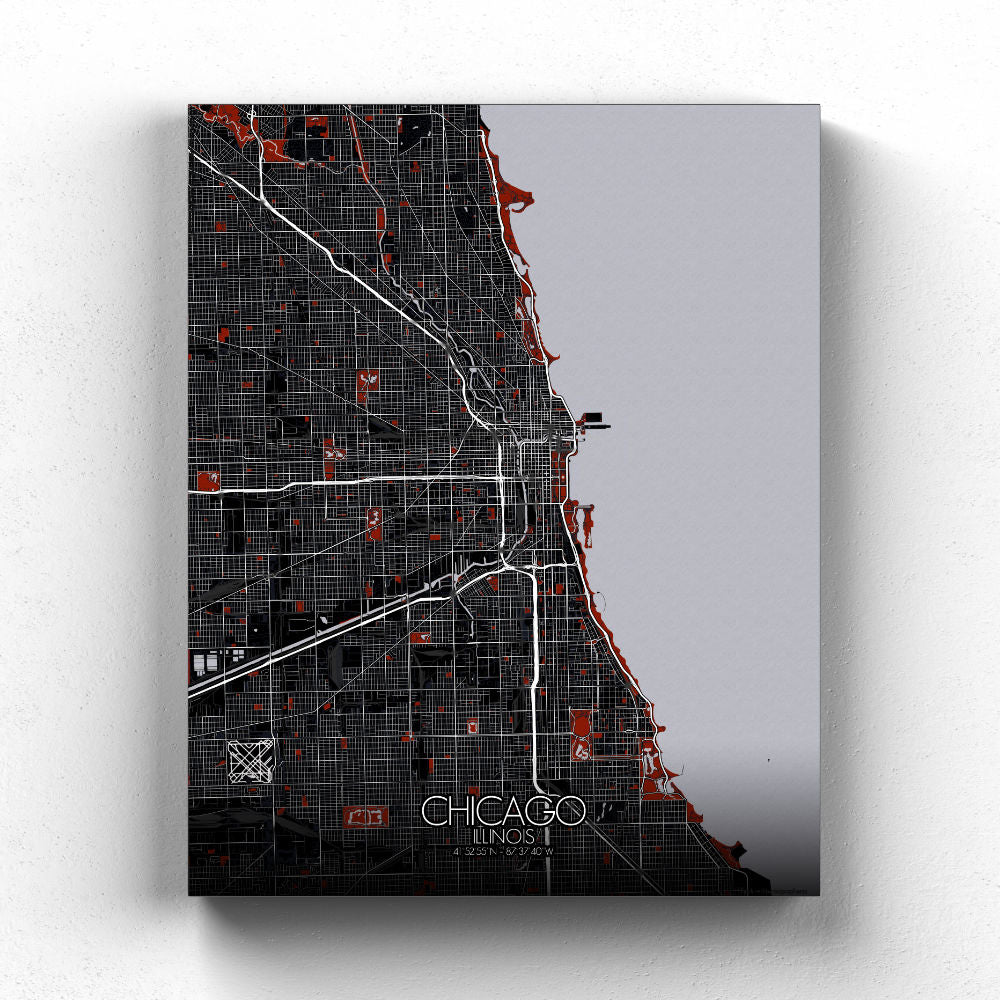 Mapospheres Chicago Red dark full page design poster city map