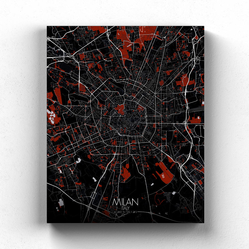 Mapospheres Milan Red dark full page design canvas city map