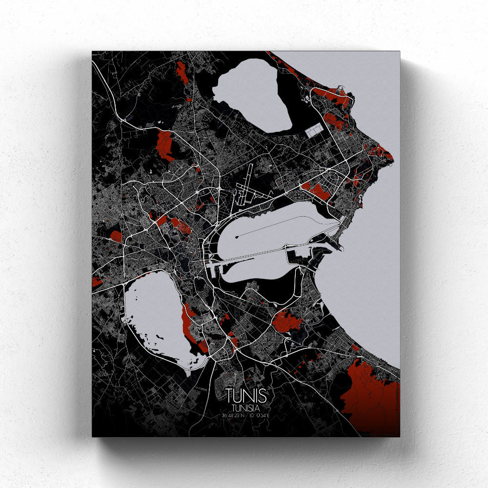 Mapospheres Tunis Red dark full page design canvas city map