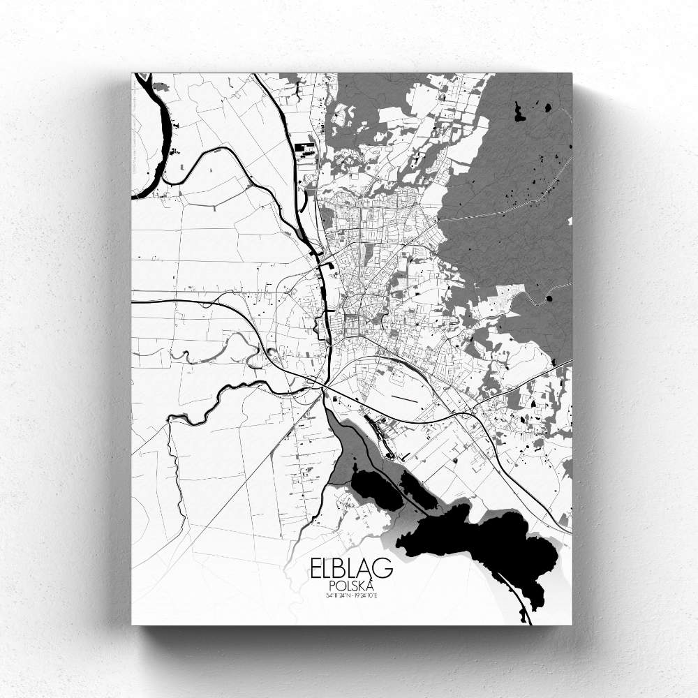 Mapospheres Elblag Black and White full page design canvas city map