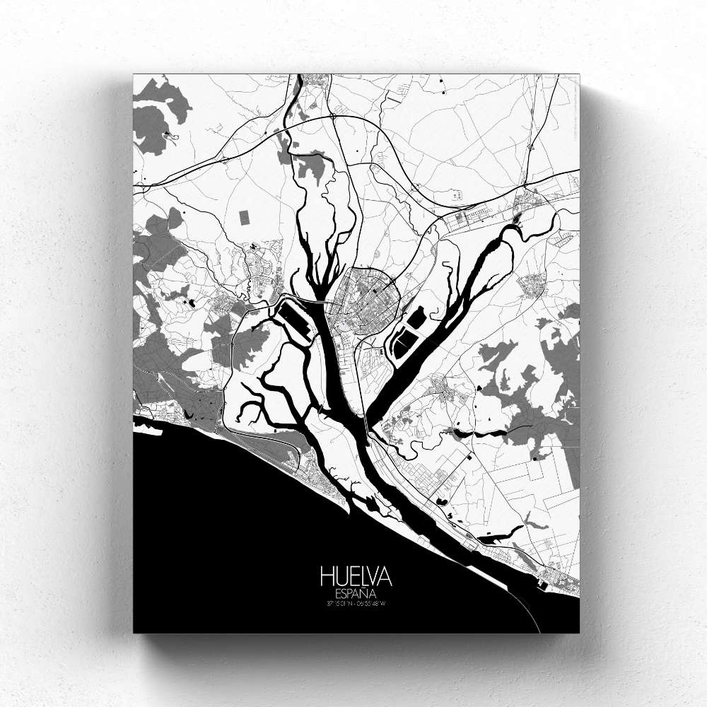 Mapospheres Huelva Black and White full page design canvas city map