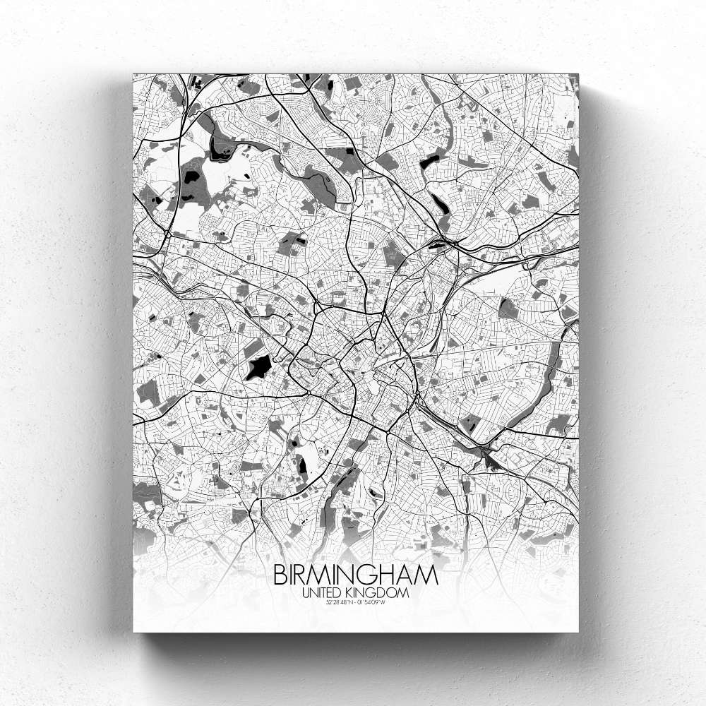 Mapospheres Birmingham Black and White full page design canvas city map
