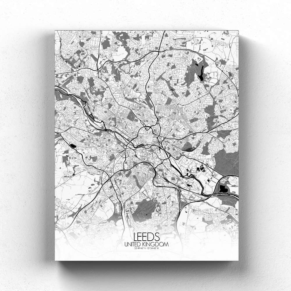 Mapospheres Leeds Black and White full page design canvas city map