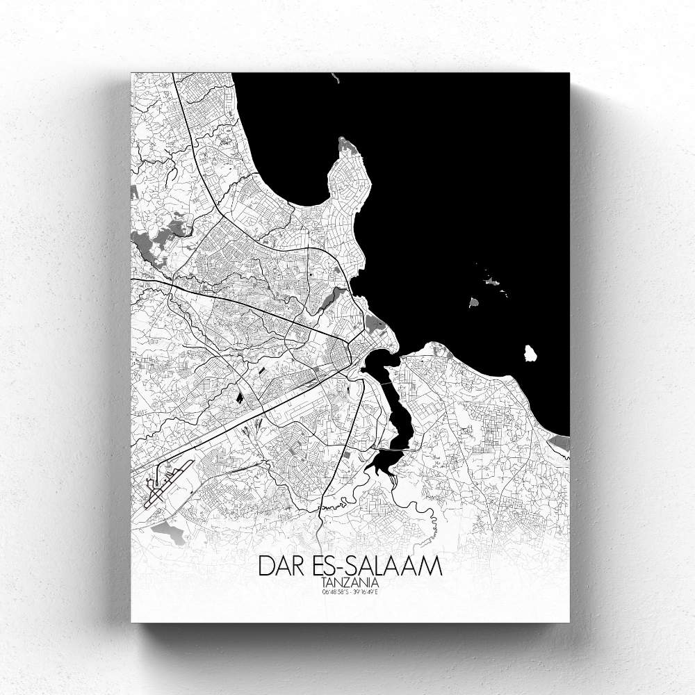 Mapospheres Black and White full page design Dar es Salaam canvas city map