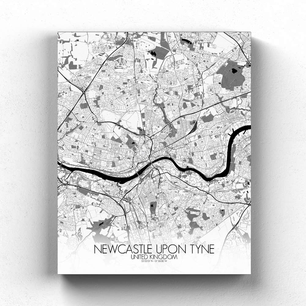 Mapospheres Newcastle Black and White full page design canvas city map