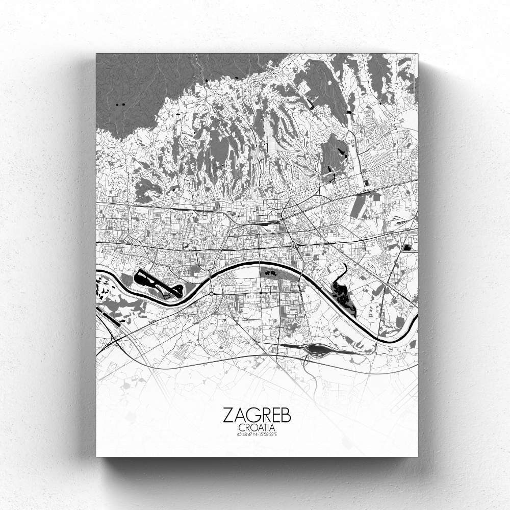 Mapospheres Zagreb Black and White full page design canvas city map
