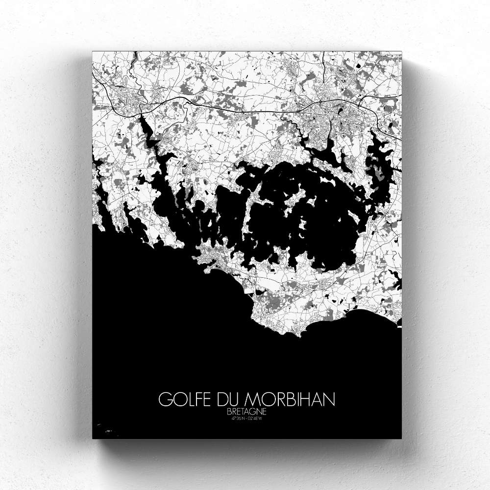 Mapospheres the Gulf of Morbihan Black and White full page design canvas city map