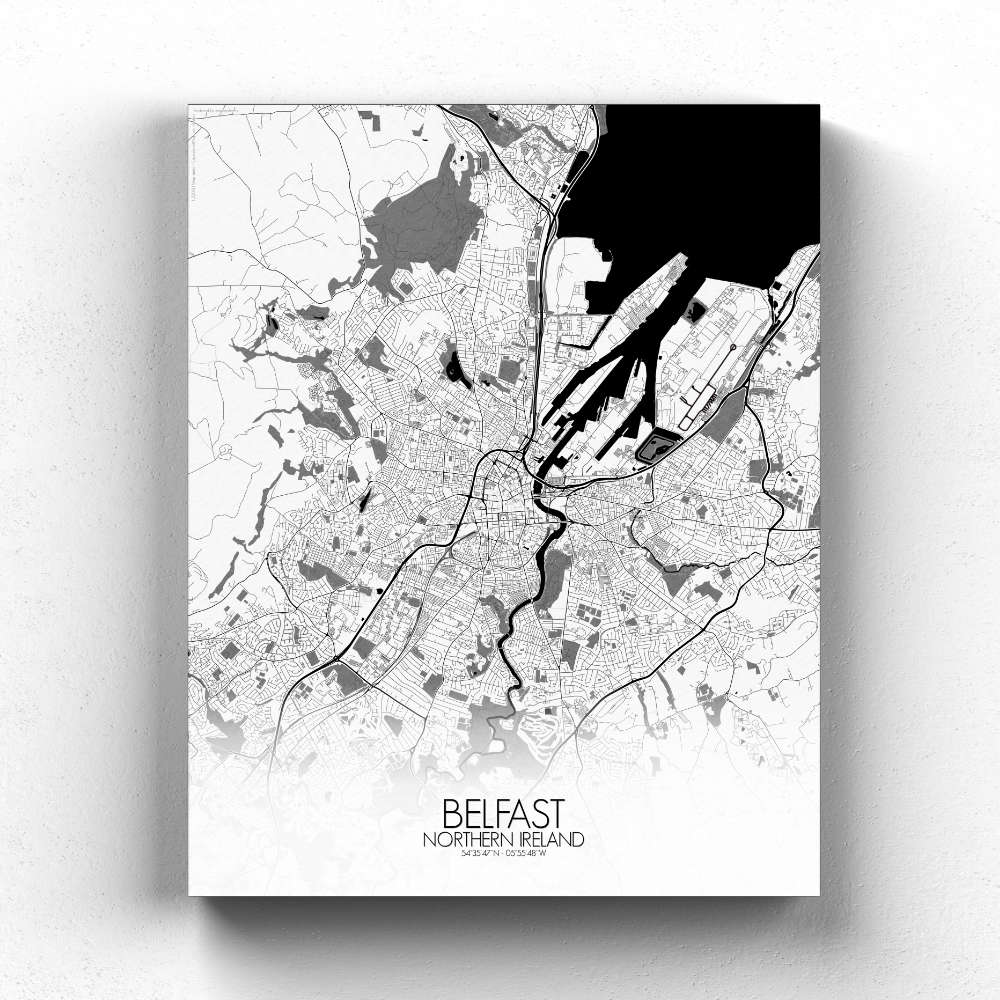 Mapospheres Belfast Black and White full page design canvas city map