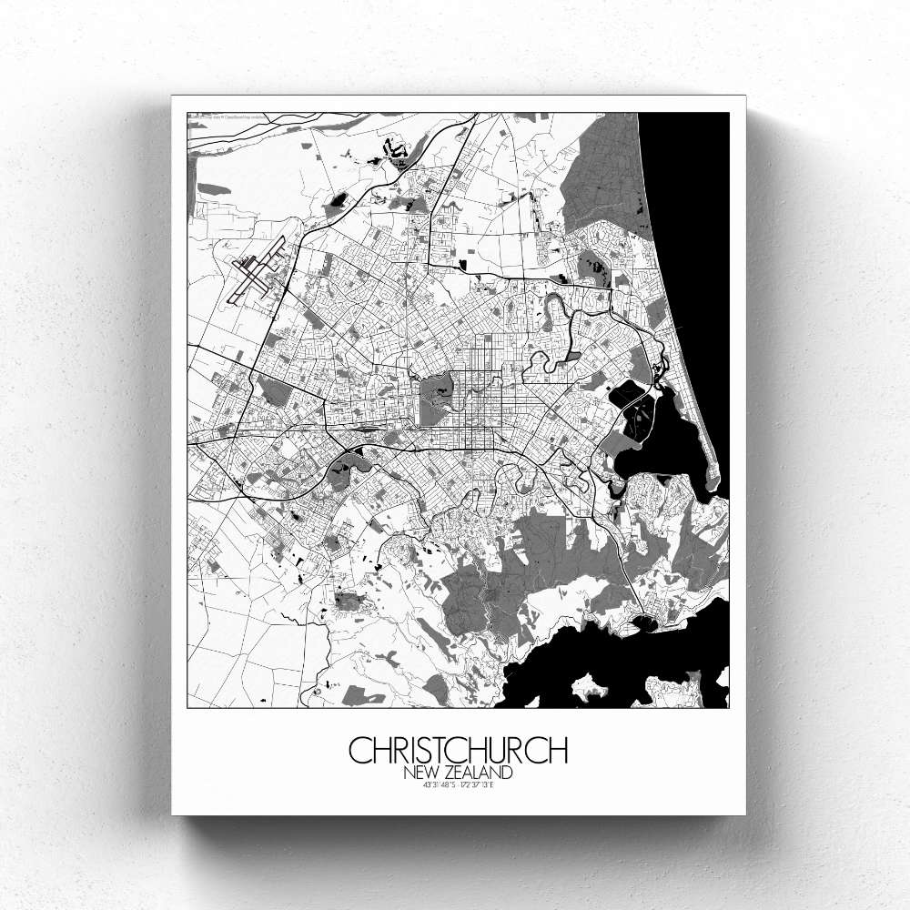 Mapospheres Christchurch Black and White full page design canvas city map