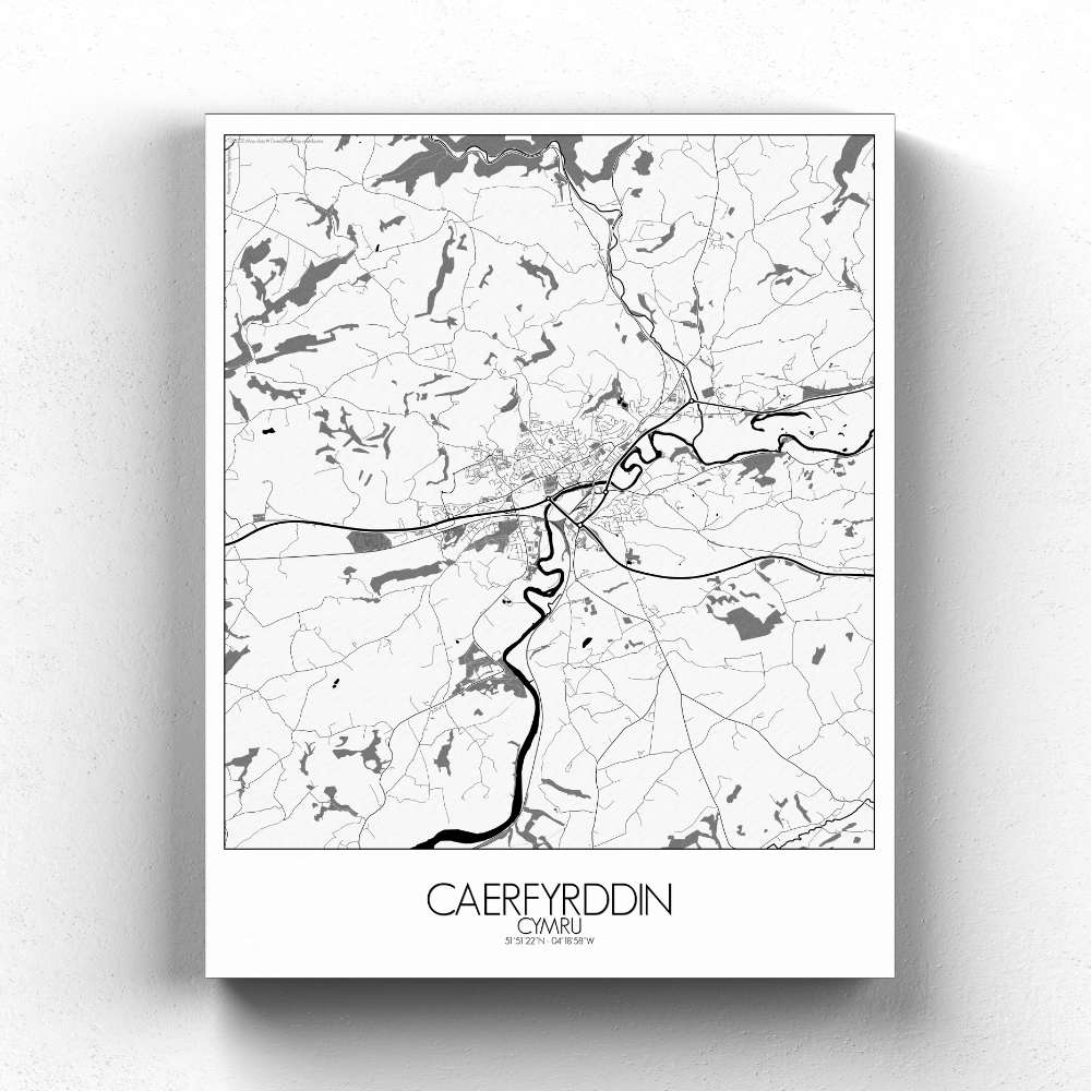 Mapospheres Carmarthen Black and White full page design canvas city map