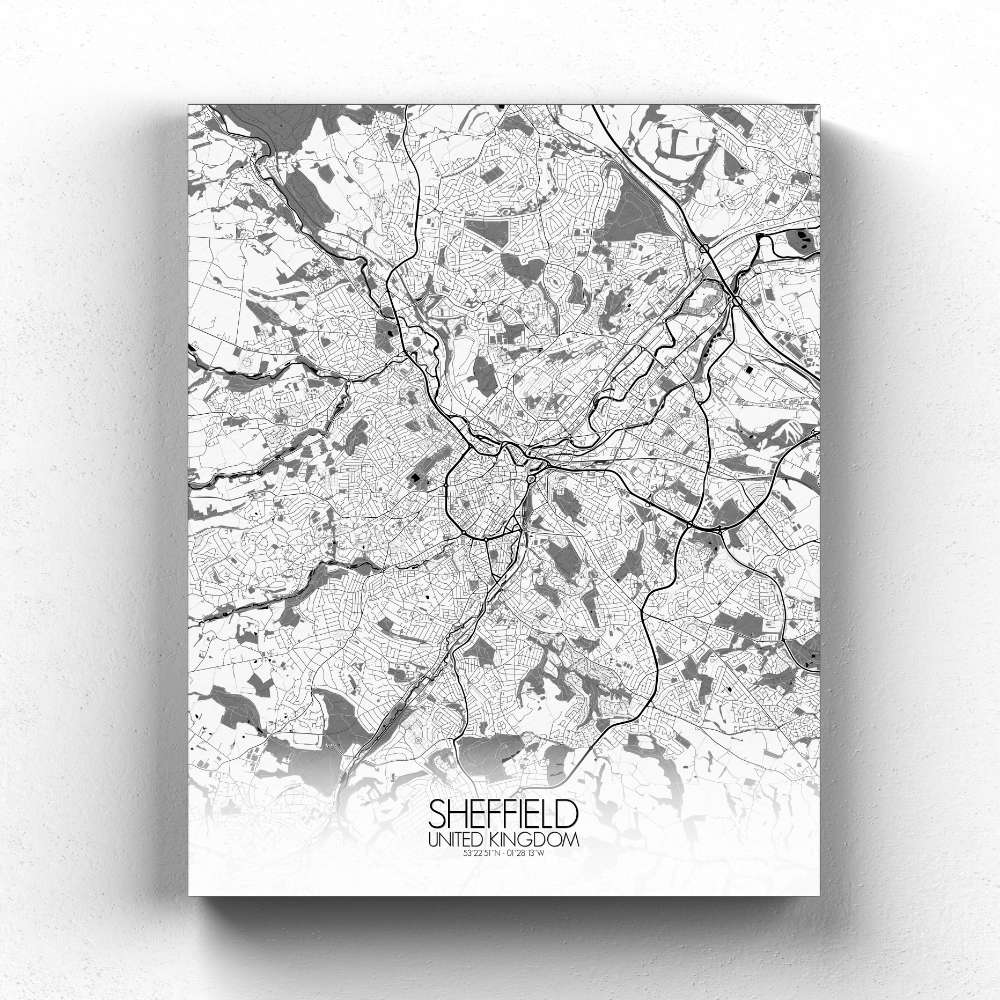 Mapospheres Sheffield Black and White full page design canvas city map