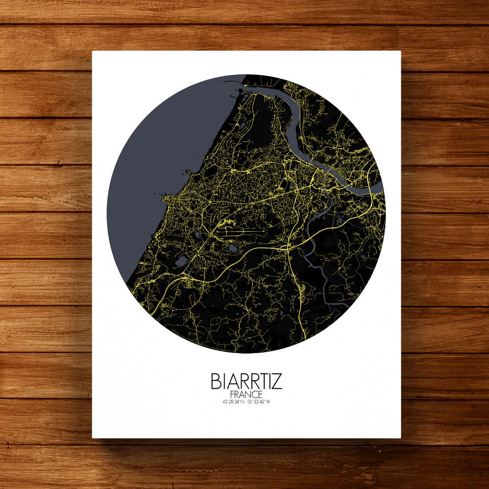 Mapospheres Biarritz Night round shape design canvas city map