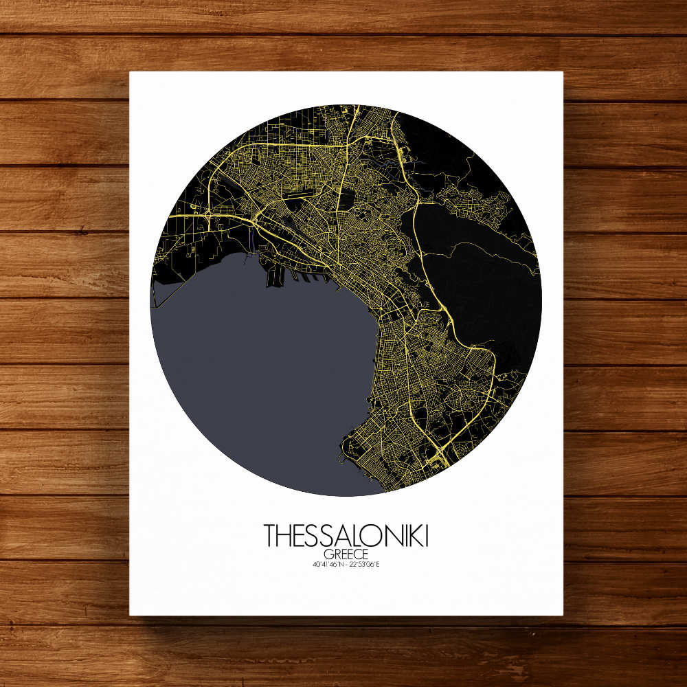 Mapospheres Thessaloniki Night round shape design canvas city map