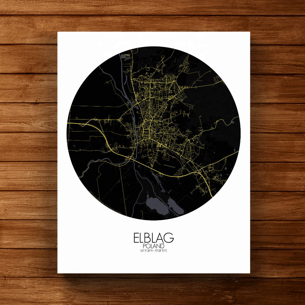 Mapospheres Elblag Night round shape design canvas city map