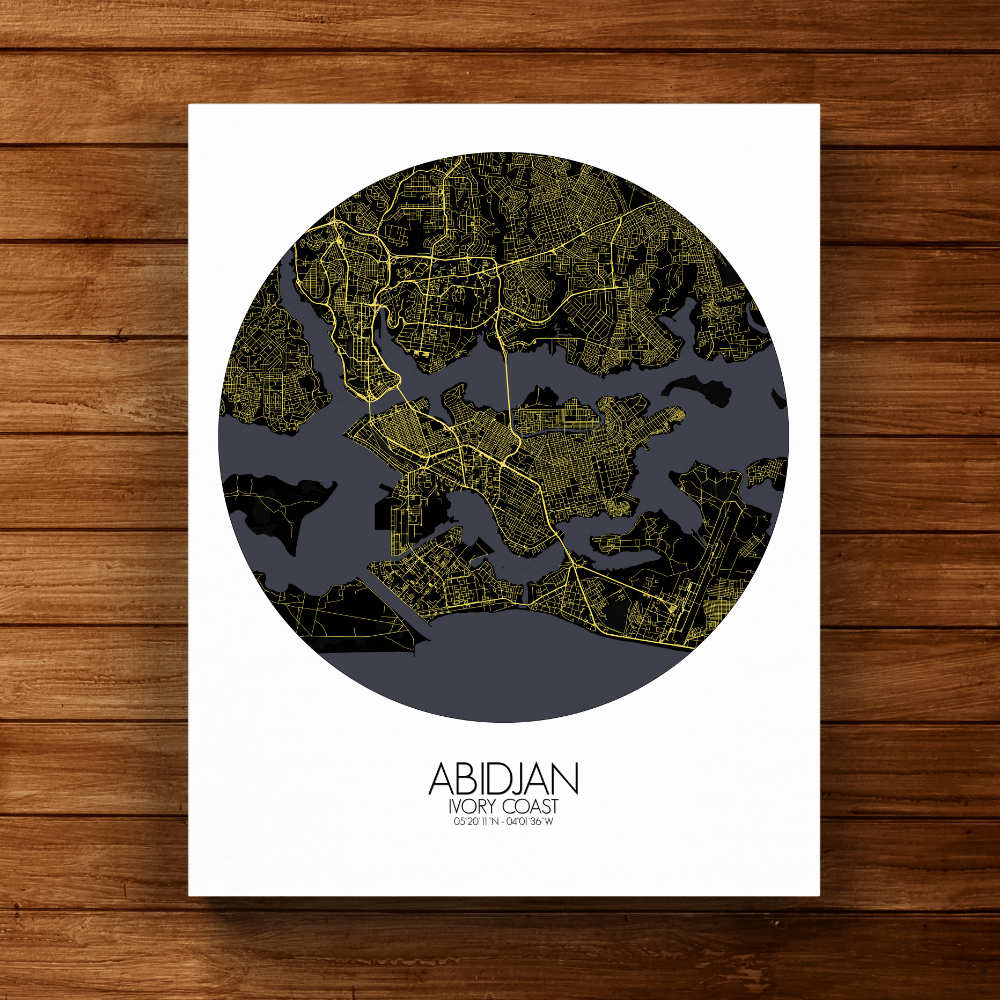 Mapospheres Abidjan Night round shape design canvas city map