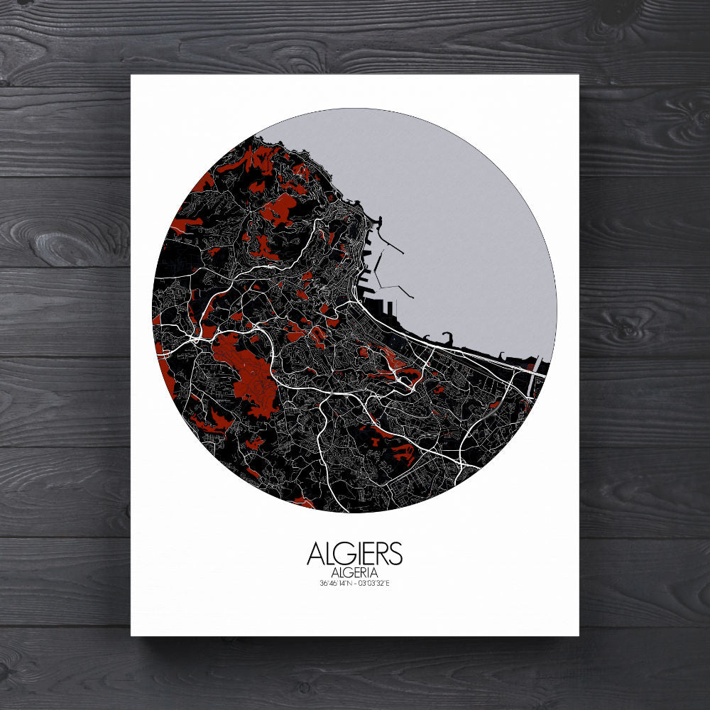 Mapospheres Algiers Red dark round shape design poster city map
