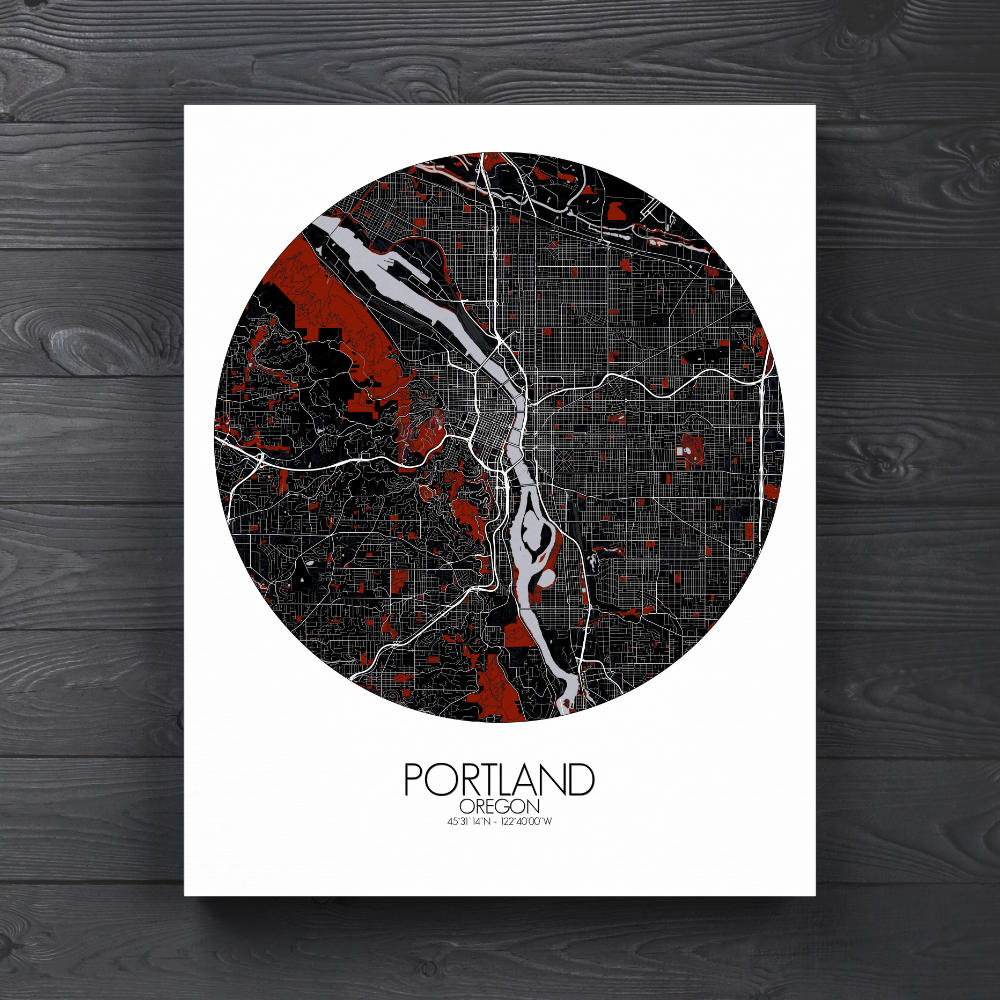 Mapospheres Portland Red dark round shape design canvas city map