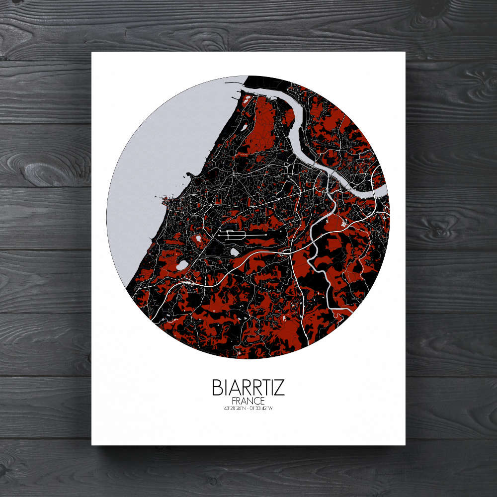 Mapospheres Biarritz Red dark round shape design canvas city map
