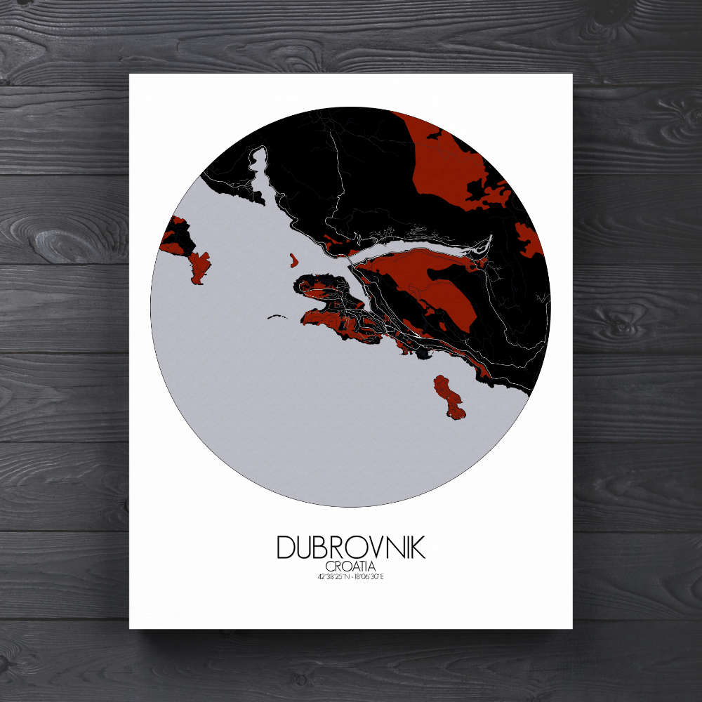Mapospheres Dubrovnik Red dark round shape design canvas city map