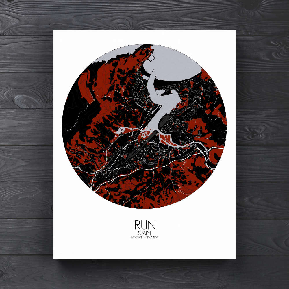 Mapospheres Irun Red dark round shape design canvas city map