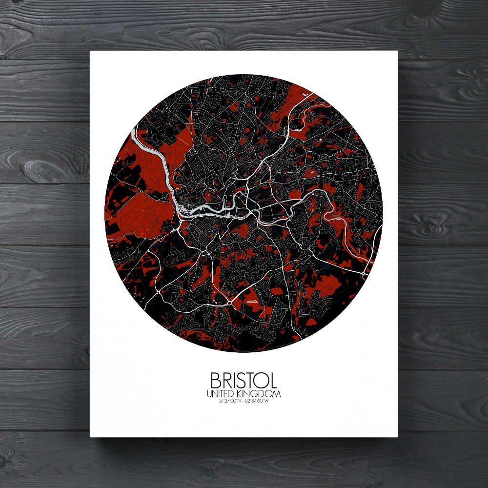 Mapospheres Bristol Red dark round shape design canvas city map