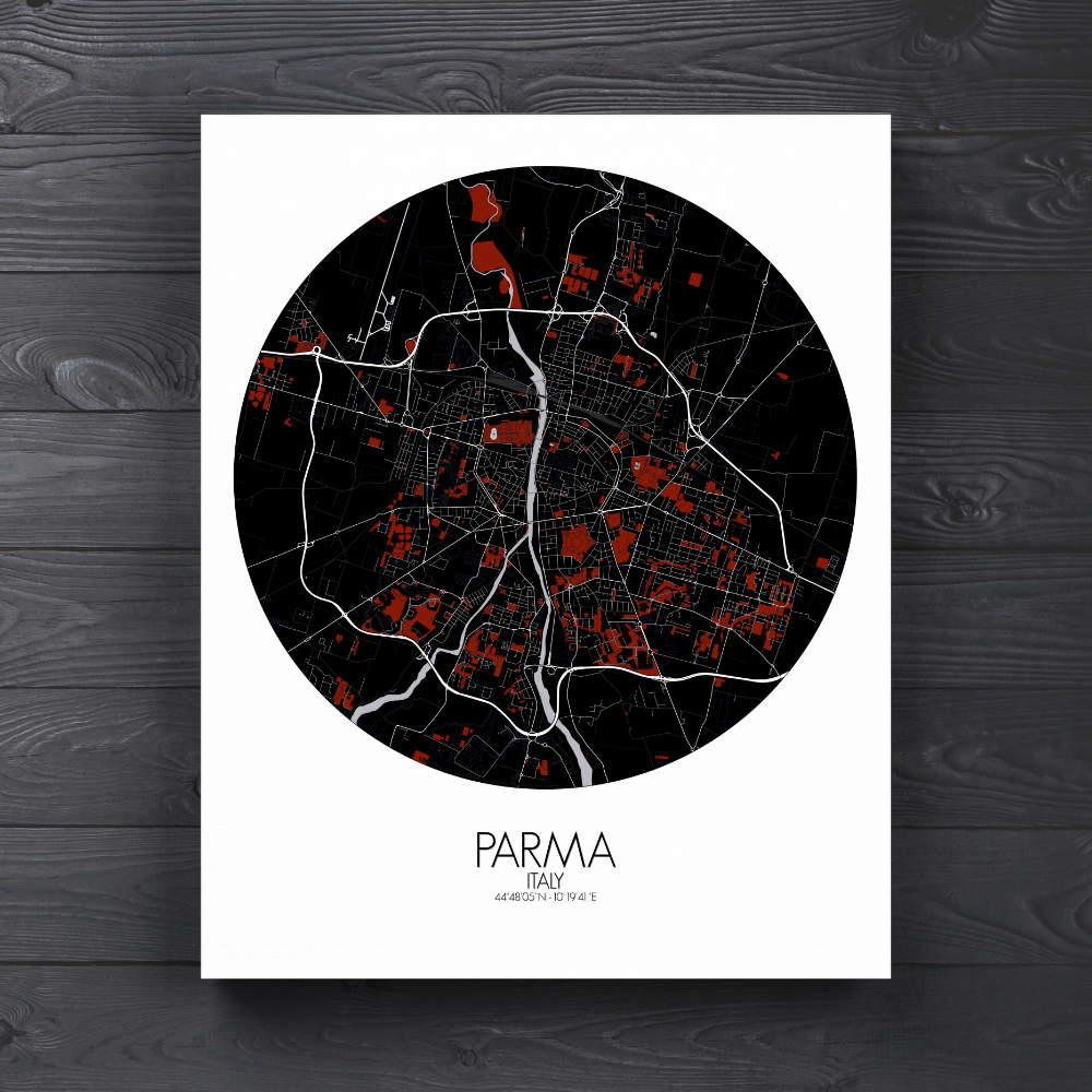 Mapospheres Parma Red dark round shape design canvas city map