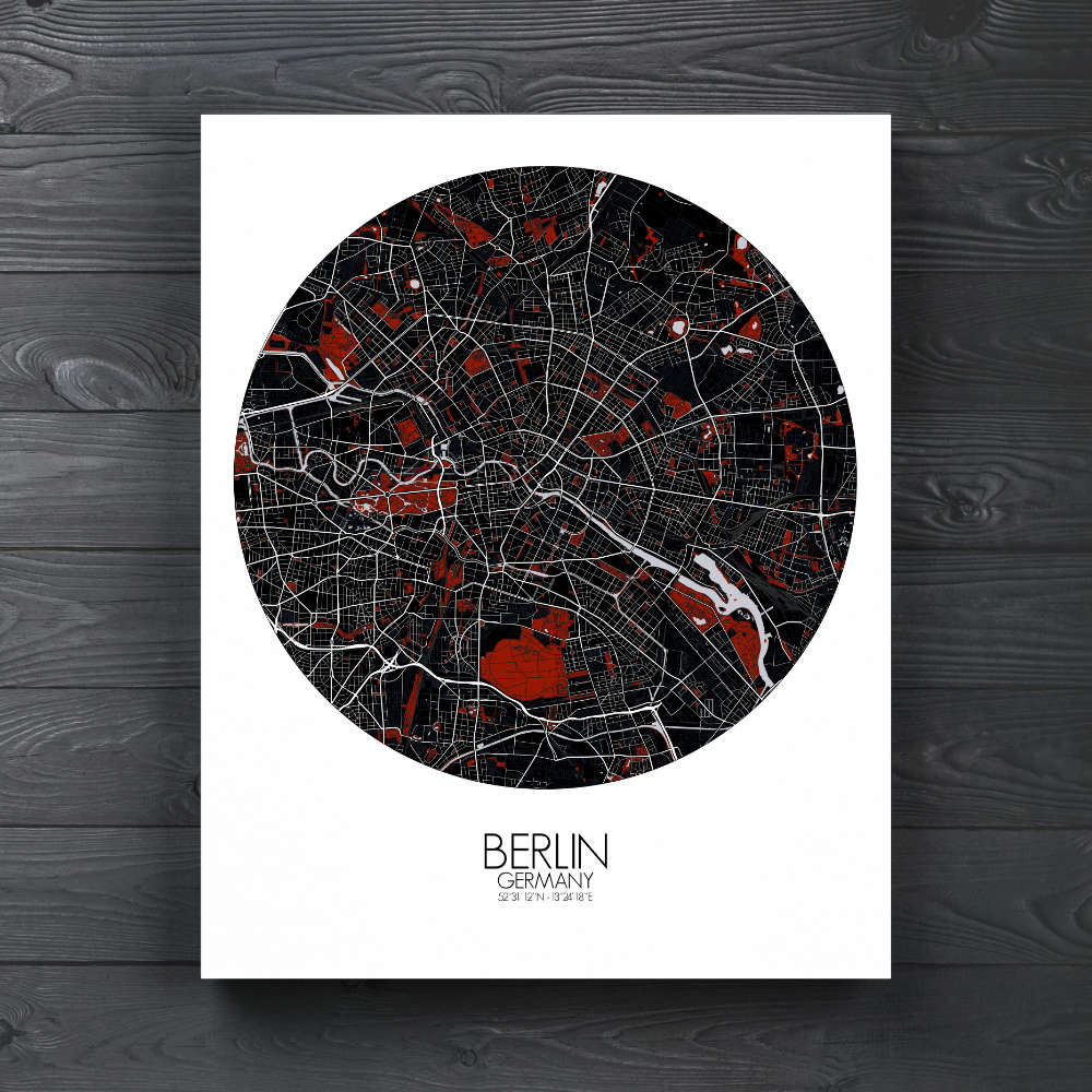 Mapospheres Berlin Red dark round shape design canvas city map