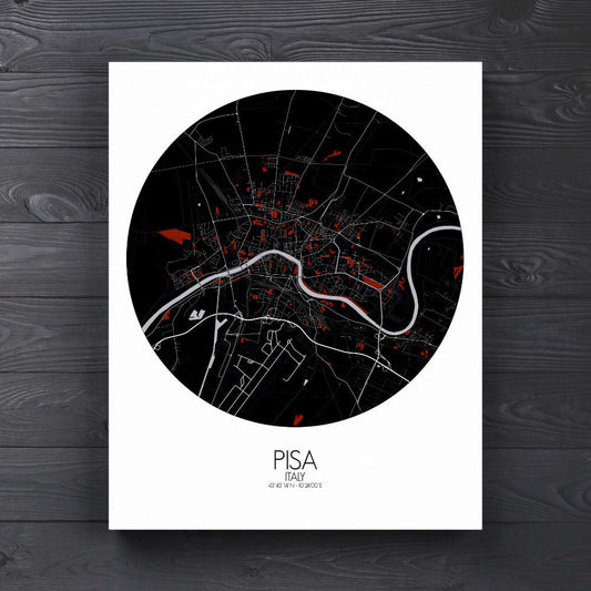 Mapospheres Pisa Red dark round shape design canvas city map