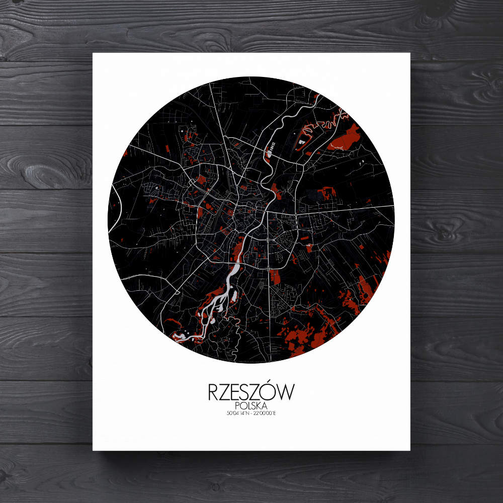 Mapospheres Rzeszow Red dark round shape design canvas city map