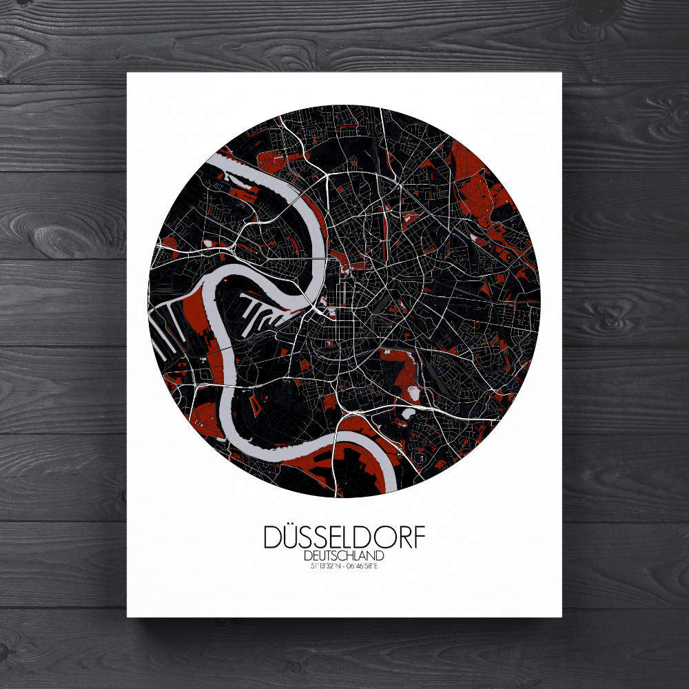 Mapospheres Dusseldorf Red dark round shape design canvas city map