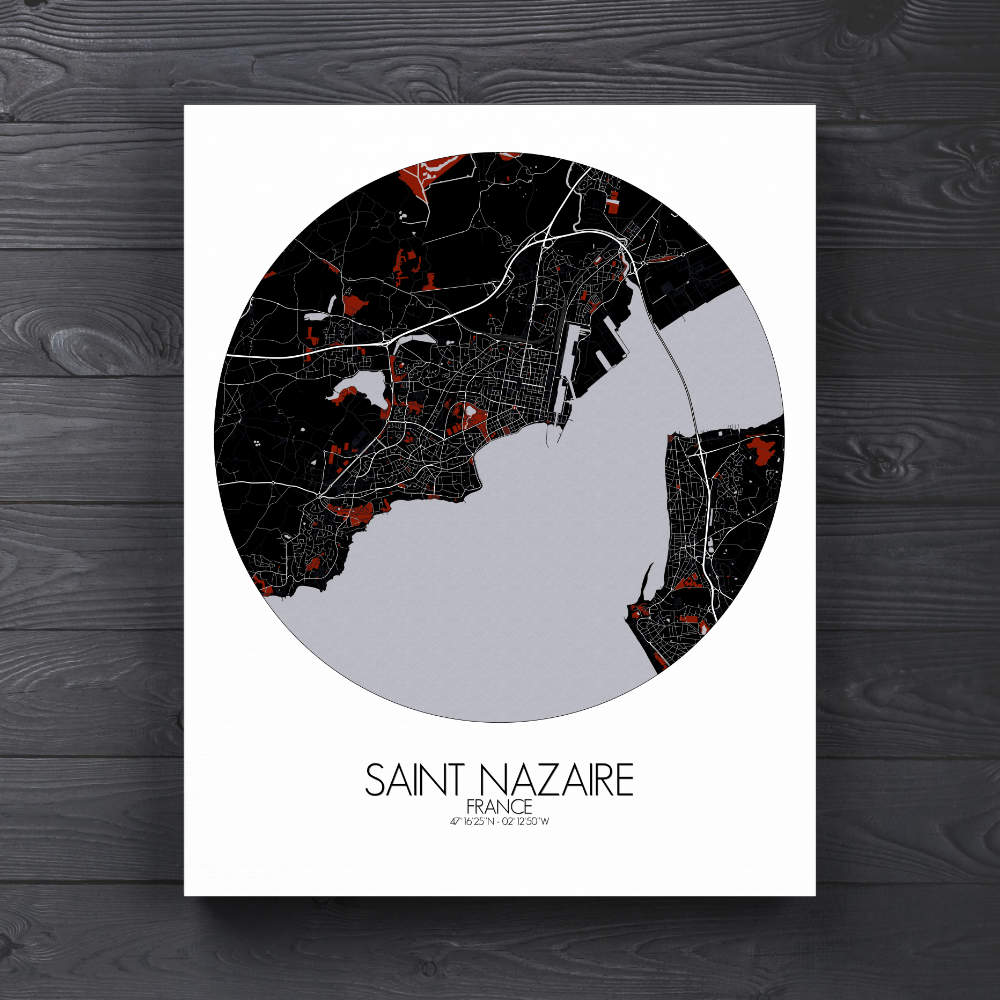 Mapospheres Saint Nazaire Red dark round shape design canvas city map
