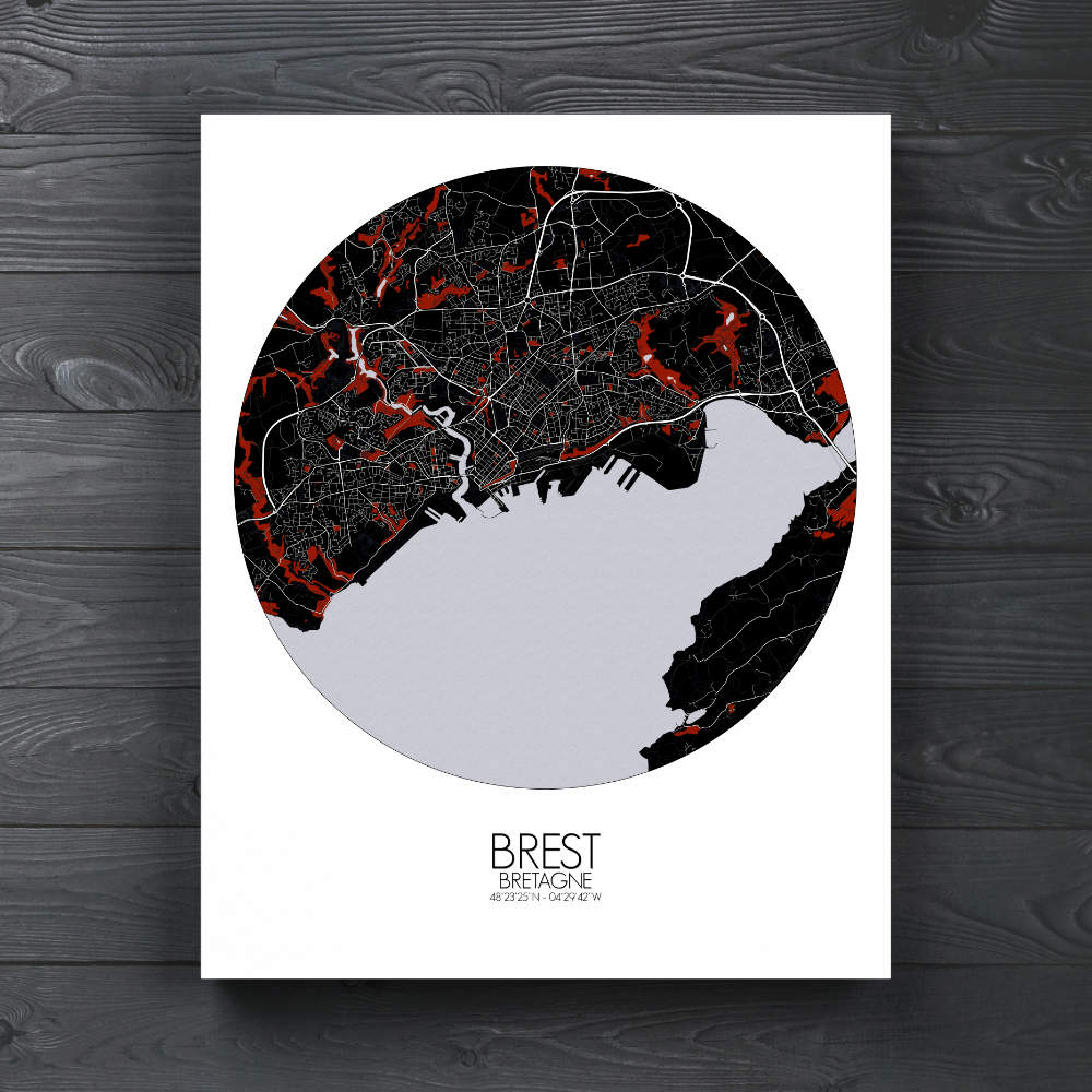 Mapospheres Brest Red dark round shape design canvas city map