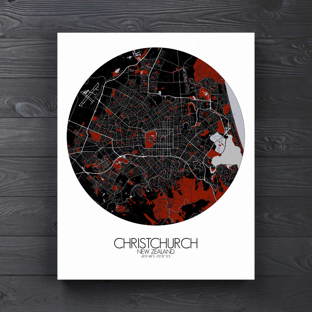 Mapospheres Christchurch Red dark round shape design canvas city map