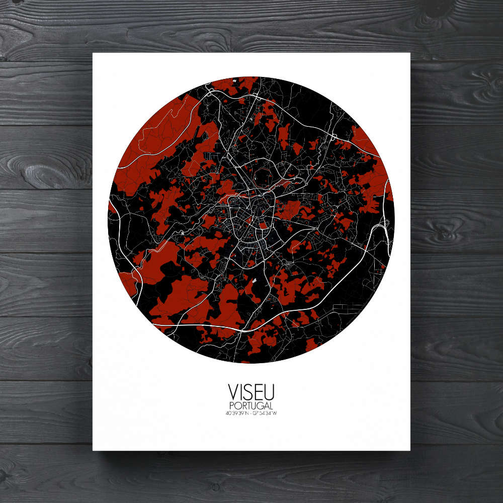 Mapospheres Viseu Red dark round shape design canvas city map