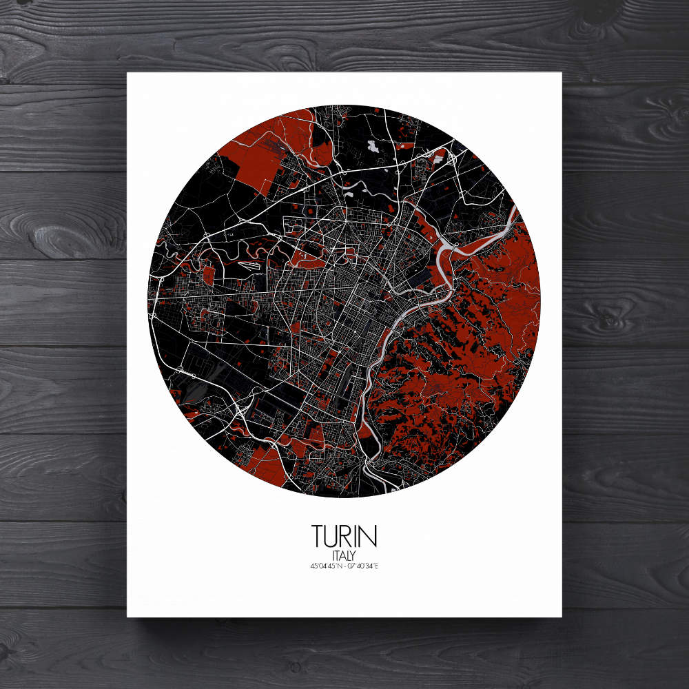 Mapospheres Turin Red dark round shape design canvas city map