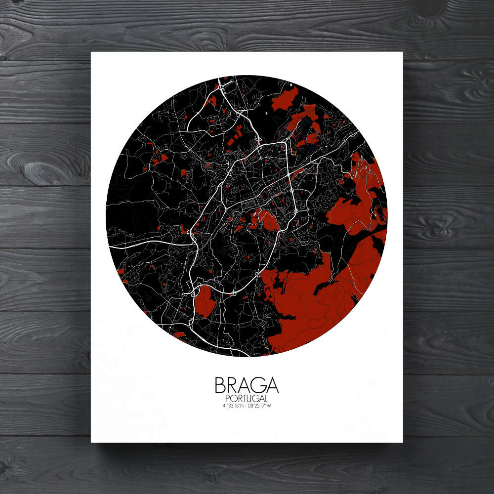 Mapospheres Braga Red canvas city map