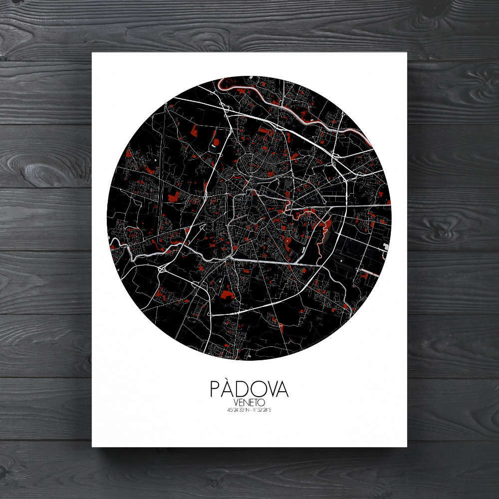 Mapospheres Padua Red dark round shape design canvas city map