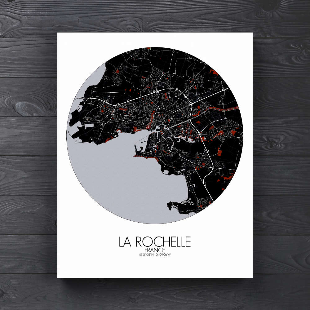 Mapospheres La Rochelle Red dark round shape design canvas city map